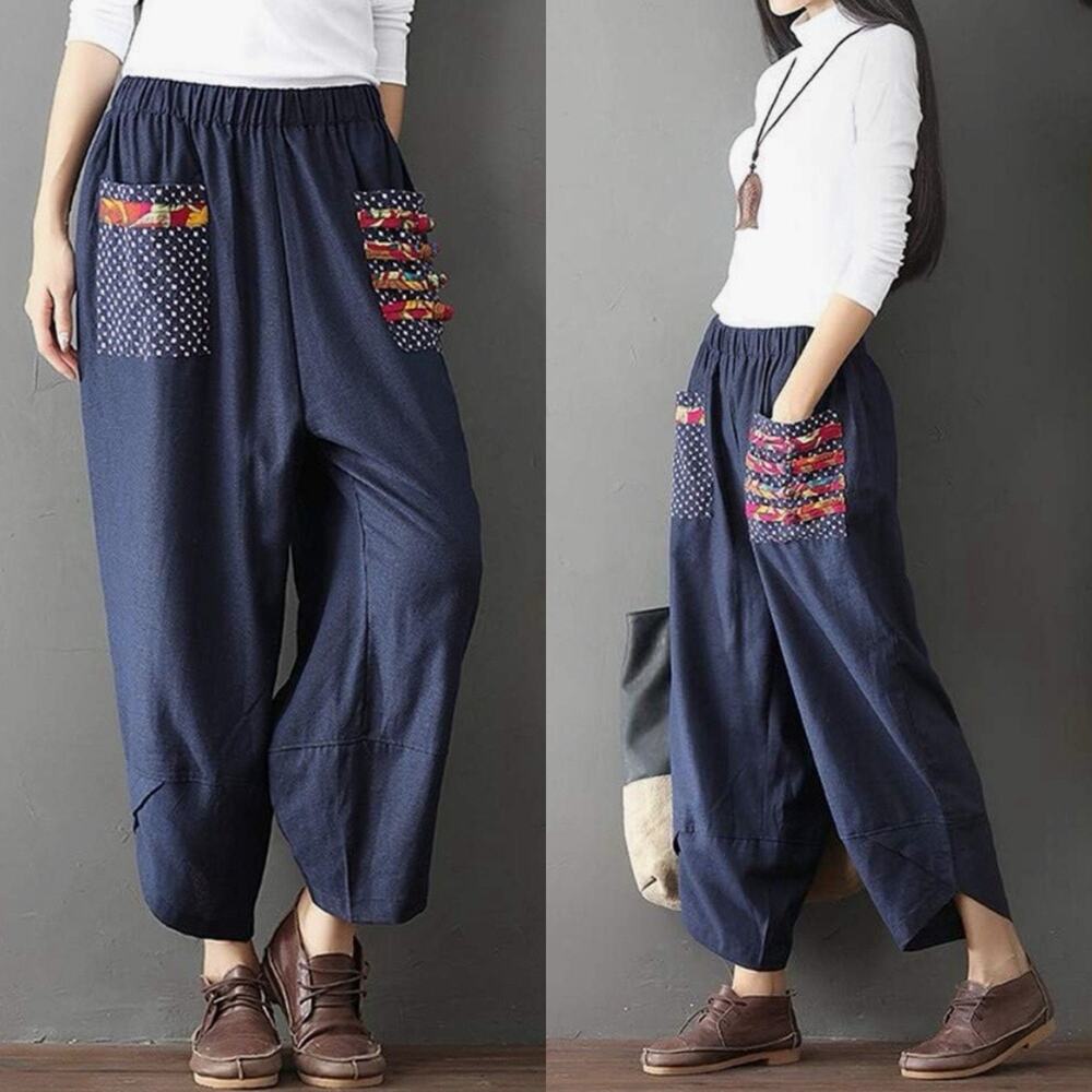 Baggy Patchwork Harem Pants Women’s Medium Linen Cotton Patchwork Pockets Navy